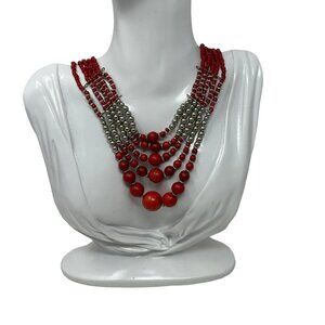 Cleopatra Choker‎ Red Silver Tone Beaded Statement Necklace